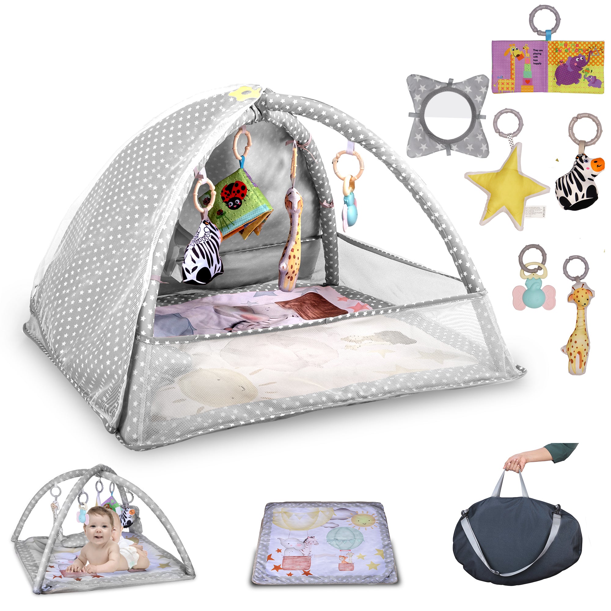 Baby play mat with mosquito outlet net